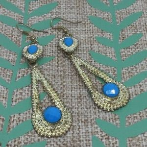 Turquoise Blue Boho Hammered Gold Dangle Earrings